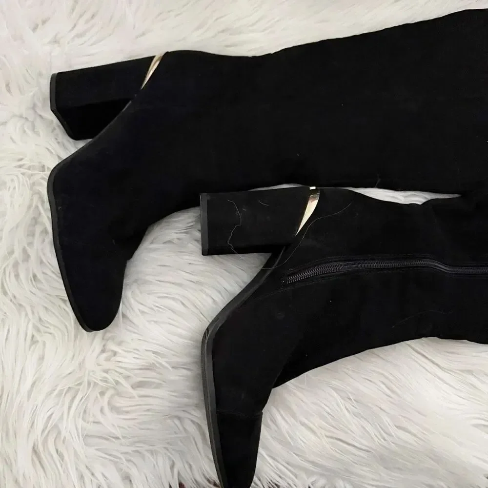 TOMMY HILFIGER | Faux Suede Black Gold Hardware Over Knee Boots Twnarzel | 9